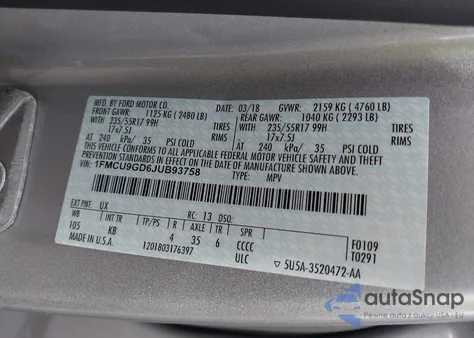 2018 Ford Escape Se from USA, damaged, VIN 1FMCU9GD6JUB93758